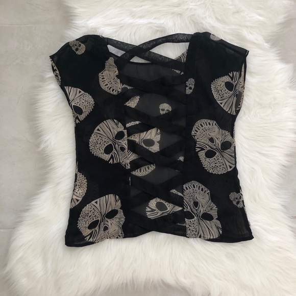 Sheer Tribal Skull Blouse w/ Open Back, size S - Picture 4 of 7